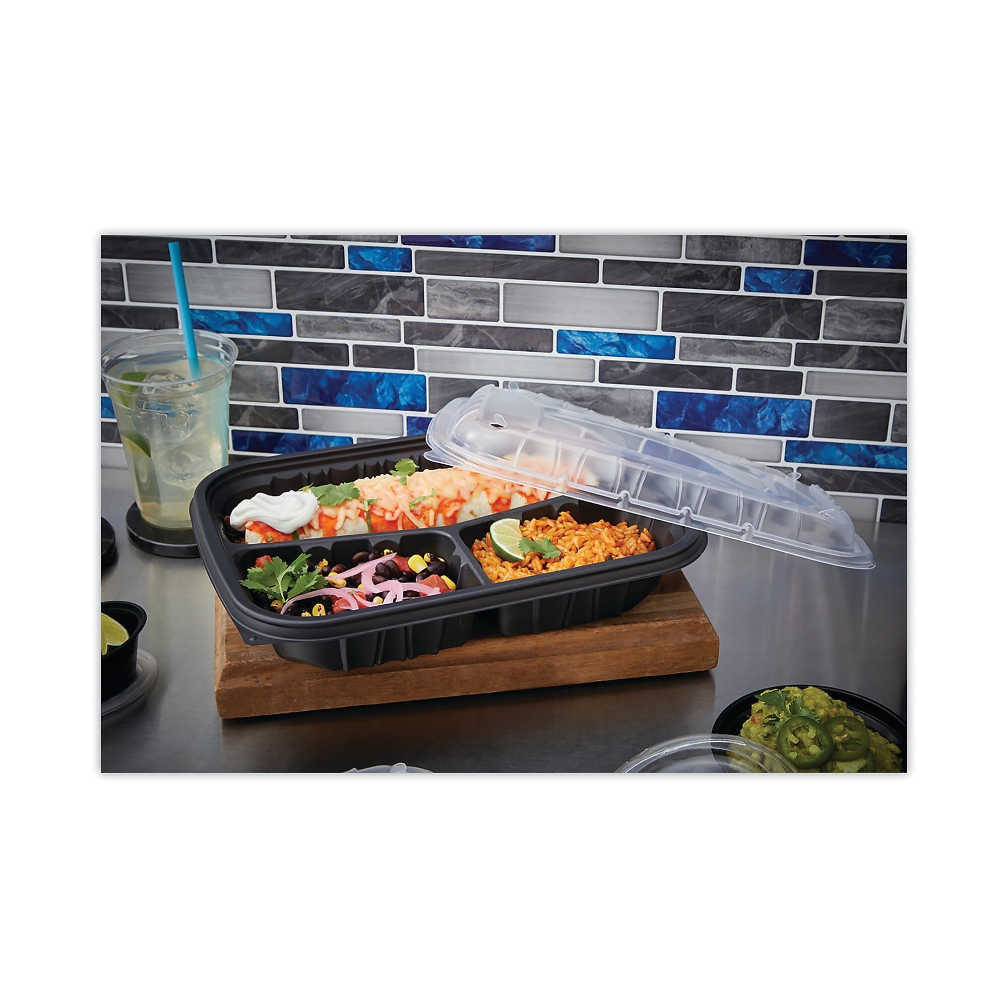 Pactiv Evergreen EarthChoice Entree2Go Takeout Container, 3-Compartment, 48 oz, 11.75 x 8.75 x 2.13, Black, Plastic, 200/Carton