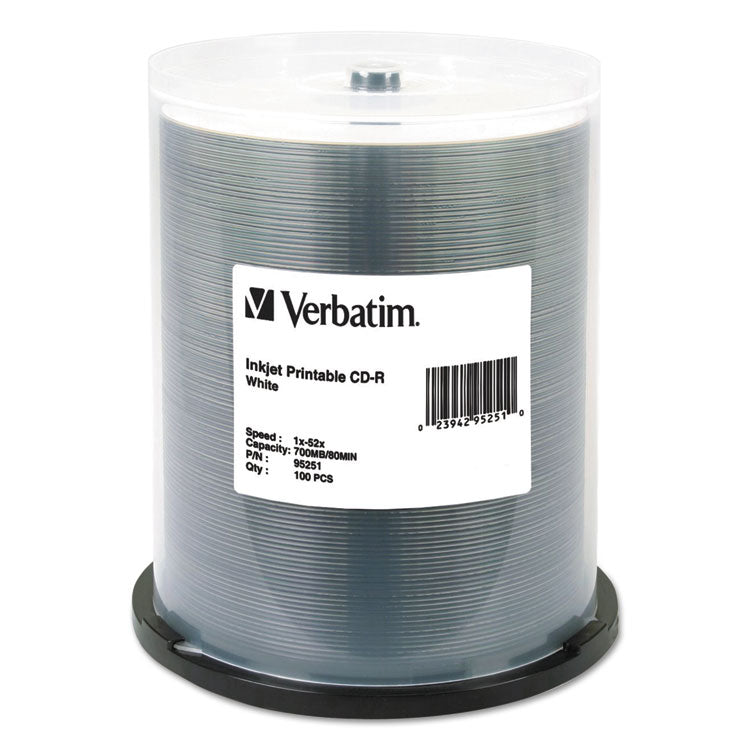 CD-R Printable Recordable Disc, 700 MB/80 min, 52x, Spindle, White, 100/Pack