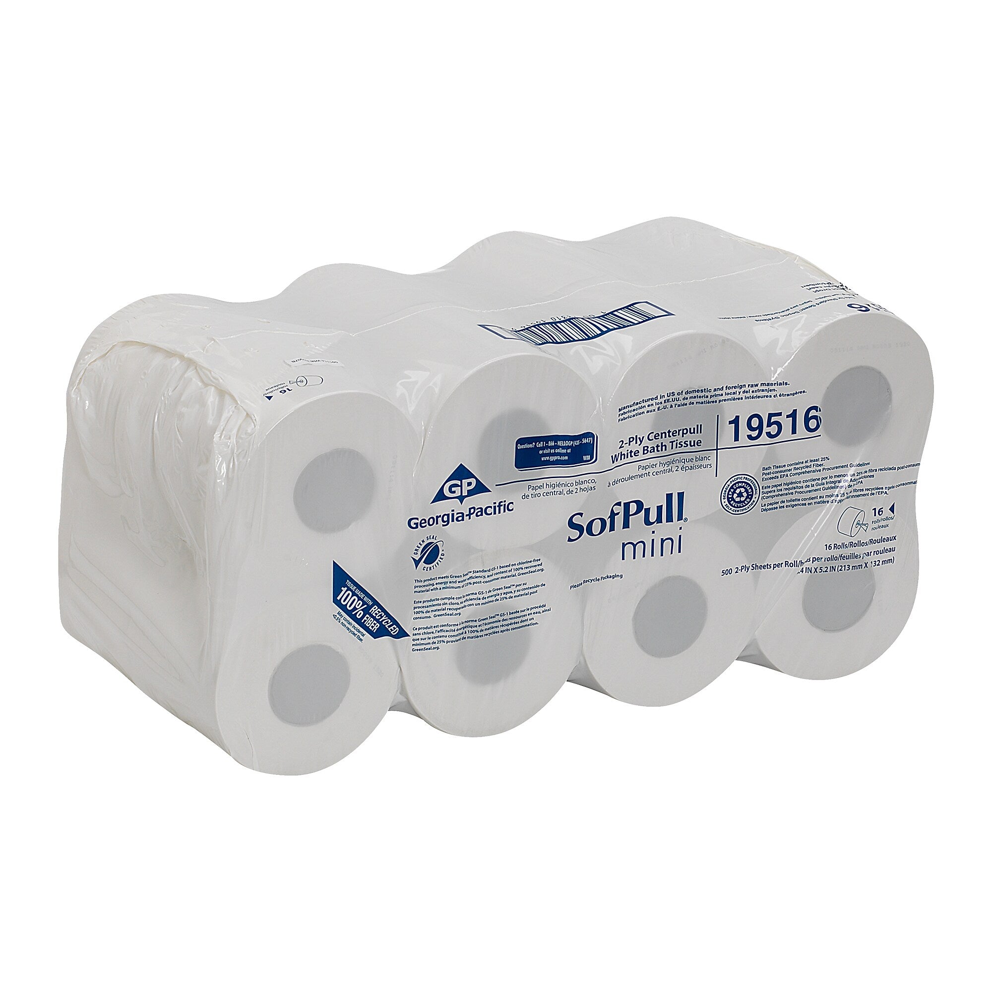SofPull Mini 2-Ply Center-Pull Toilet Paper, White, 500 Sheets/Roll, 16 Rolls/Carton (19516)