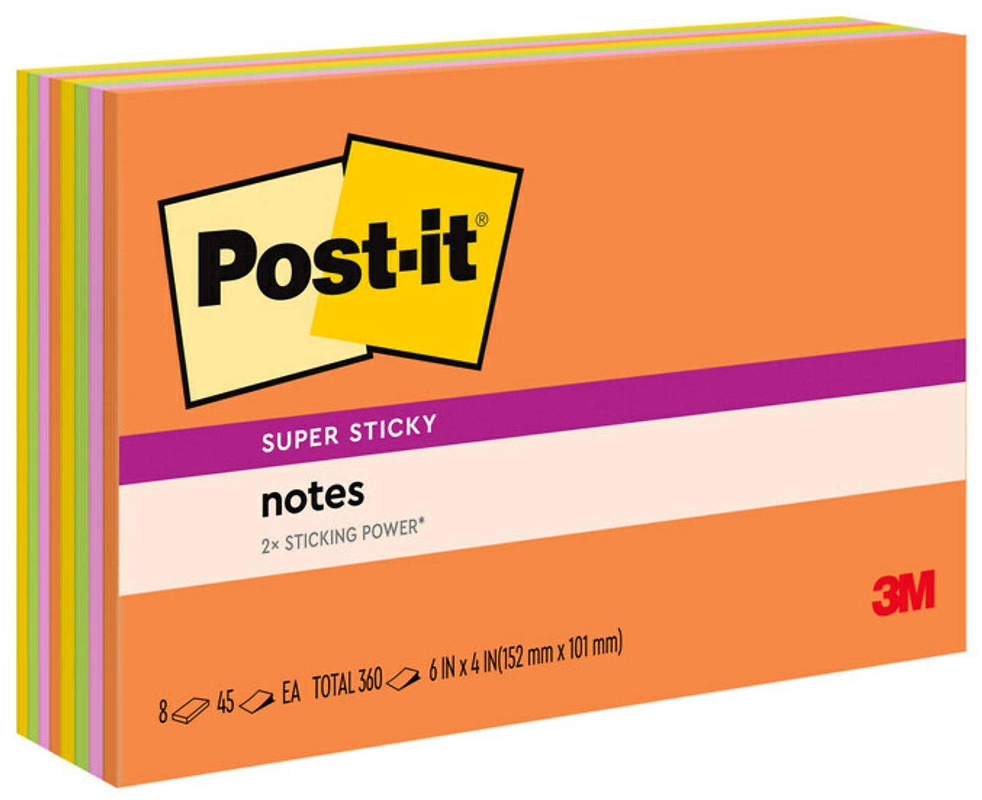 Post-it Super Sticky Notes, 4" x 6", Energy Boost Collection, 45 Sheet/Pad, 8 Pads/Pack (6445SSP)