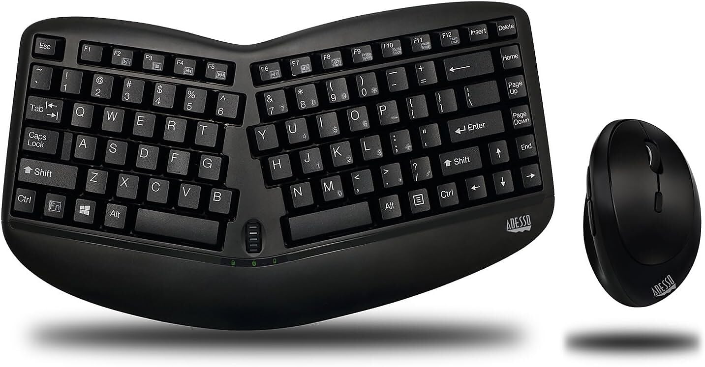 Adesso Tru-Form Wireless Ergonomic Keyboard and Optical Mouse Combo, Black (WKB-1150CB)
