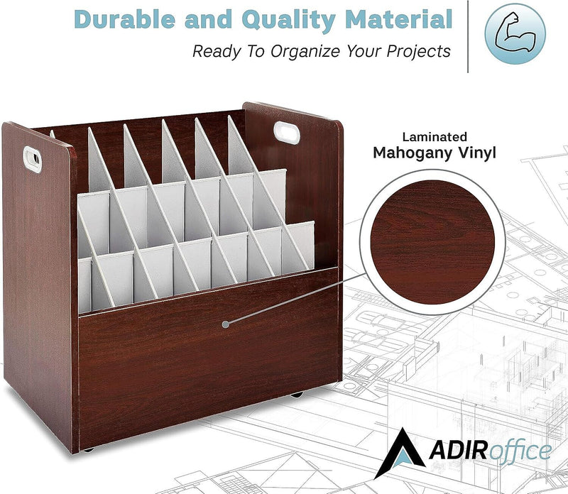 AdirOffice 21-Slot Mobile Roll File, 28.5"H x 30"W x 15.75"D, Mahogany (625-MA-KIT1)