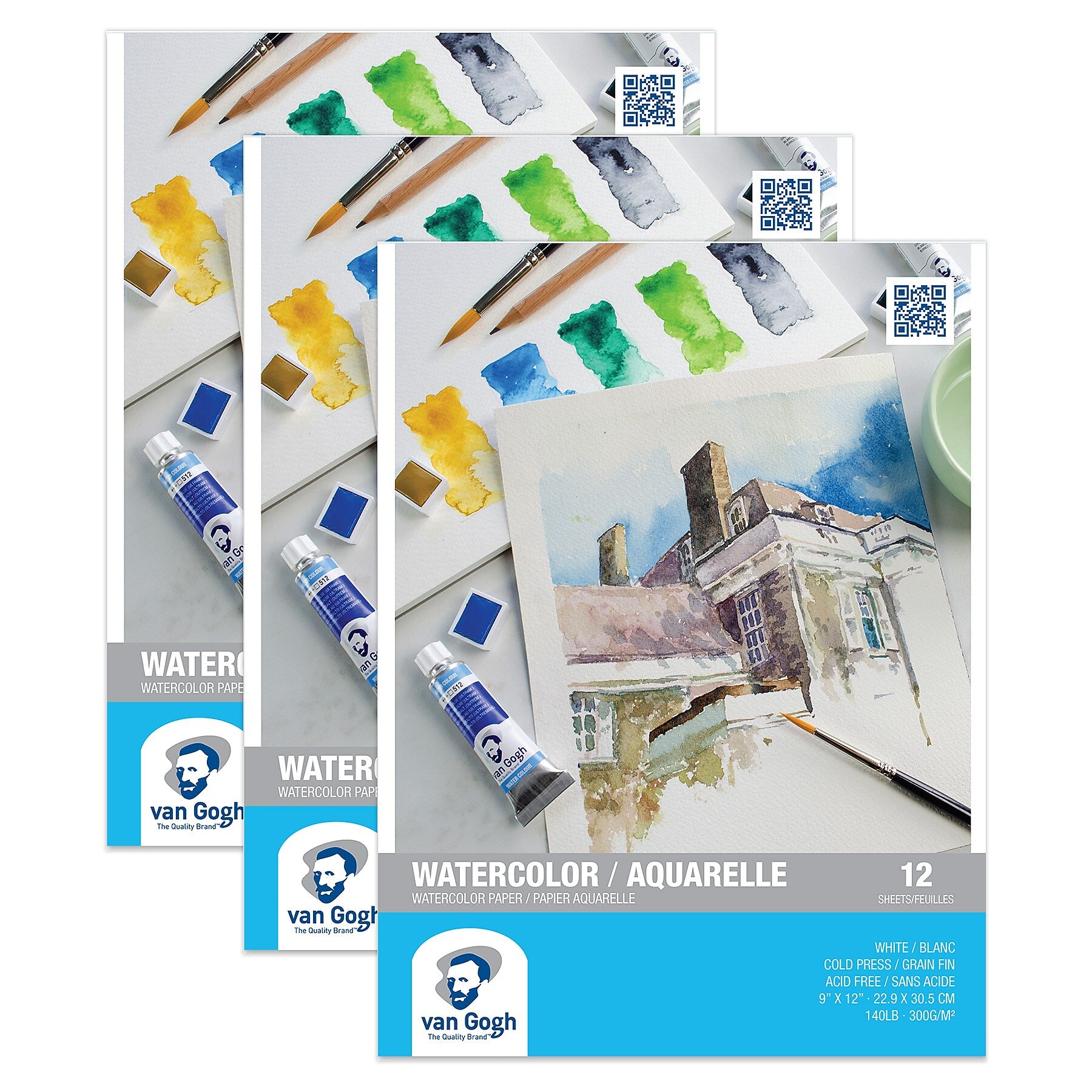 Van Gogh 9" x 12" Watercolor Sketch Pad, 12 Sheets/Pad, 3/Bundle (VNG94178005-3)