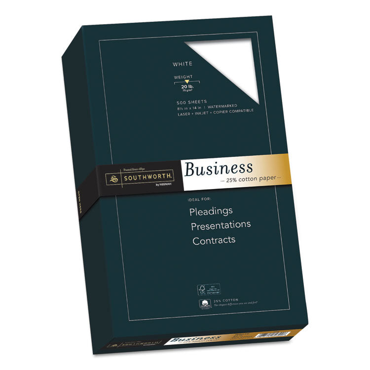 25% Cotton Business Paper, 95 Bright, 20 lb Bond Weight, 8.5 x 14, White, 500 Sheets/Ream