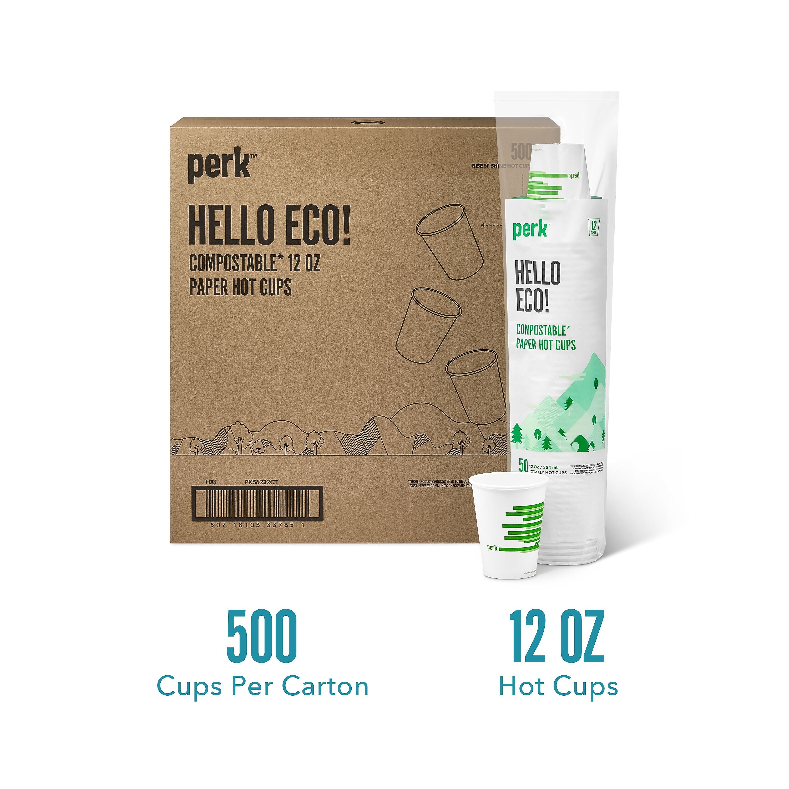 Perk™ Eco Compostable Paper Hot Cup, 12 Oz., White/Green, 500/Carton (PK56222CT)