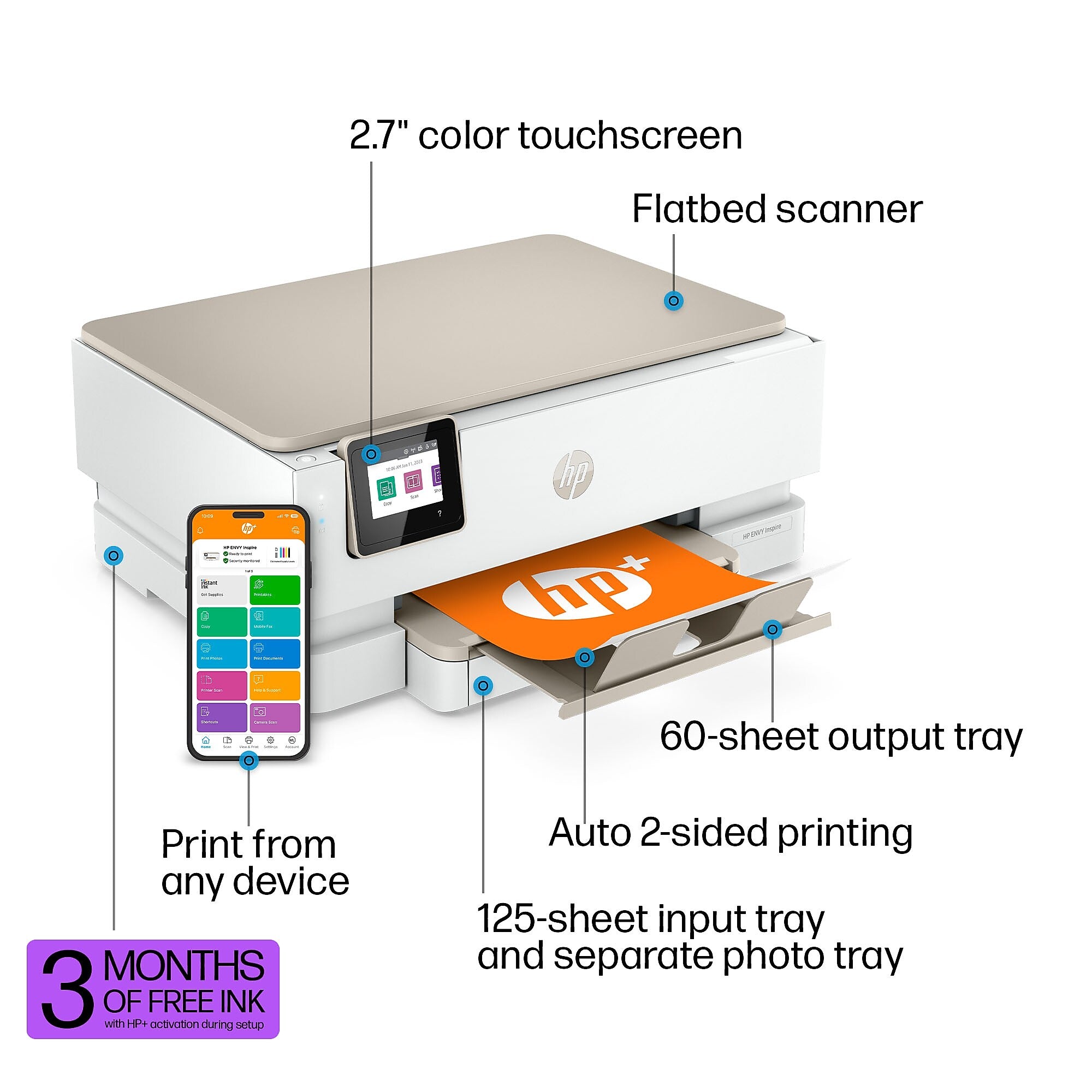 HP Envy Inspire 7255e Wireless Color All-In-One Inkjet Printer, Print, Scan, Copy, Best for Home, 3 Months FREE Ink with HP+