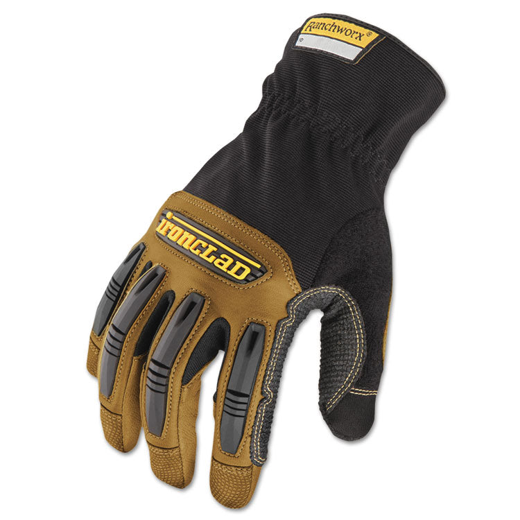Ranchworx Leather Gloves, EN388: 2123, 9.5" Long, Medium, Black/Tan, Pair