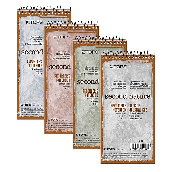 TOPS Second Nature Reporter's Notebook, 4" x 8", Gregg Ruled, Assorted Colors, 70 Sheets/Pad (74130)