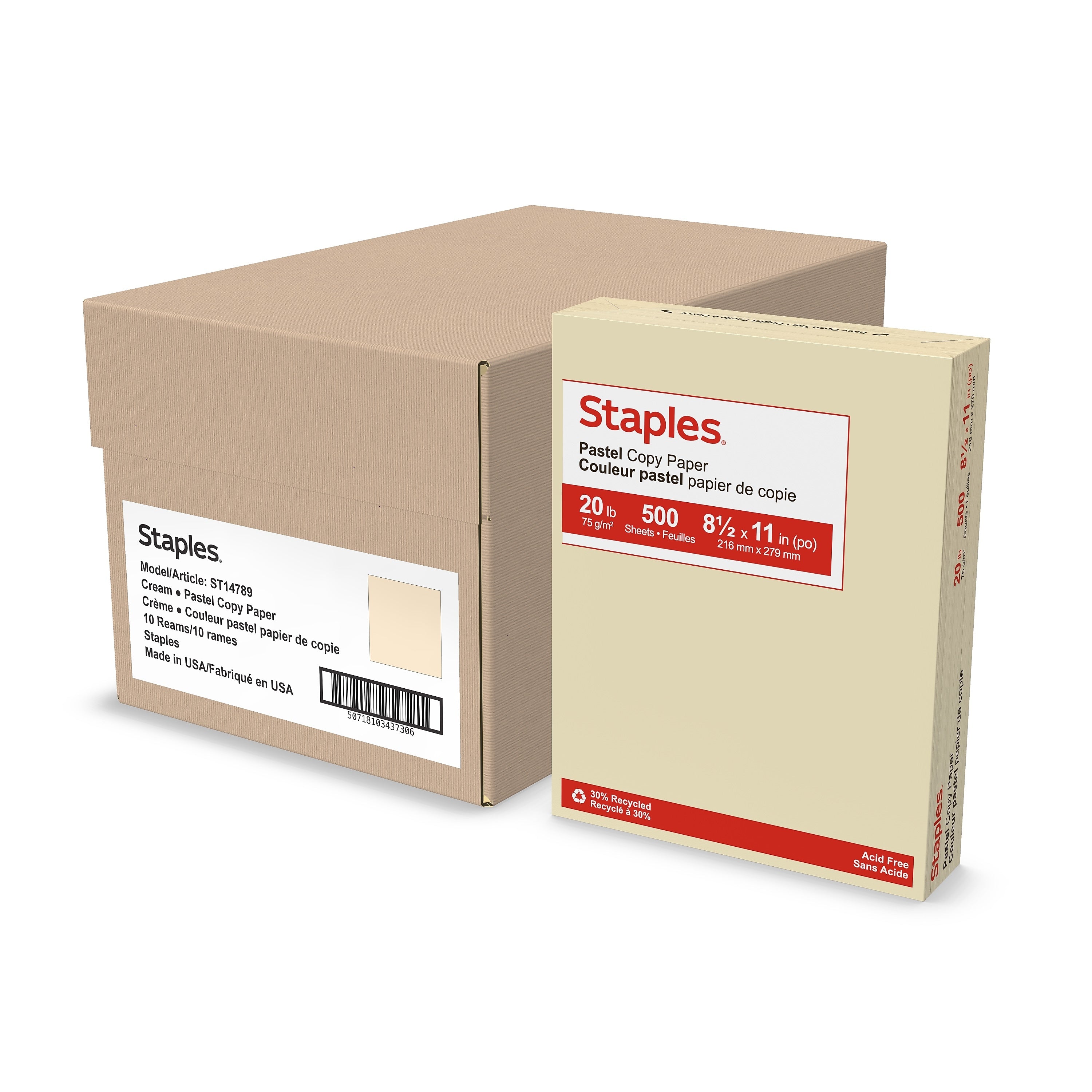 Staples 30% Recycled Pastel Multipurpose Paper, 20 lbs., 8.5" x 11", Cream, 500 Sheets/Ream, 10 Reams/Carton (14789)