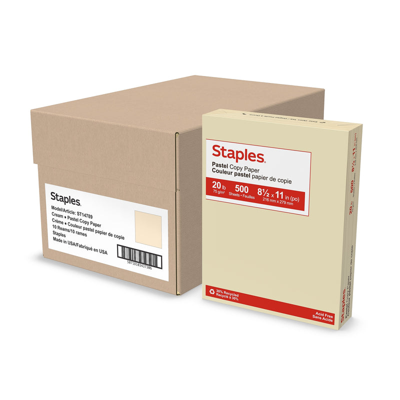 Staples 30% Recycled Pastel Multipurpose Paper, 20 lbs., 8.5" x 11", Cream, 500 Sheets/Ream, 10 Reams/Carton (14789)