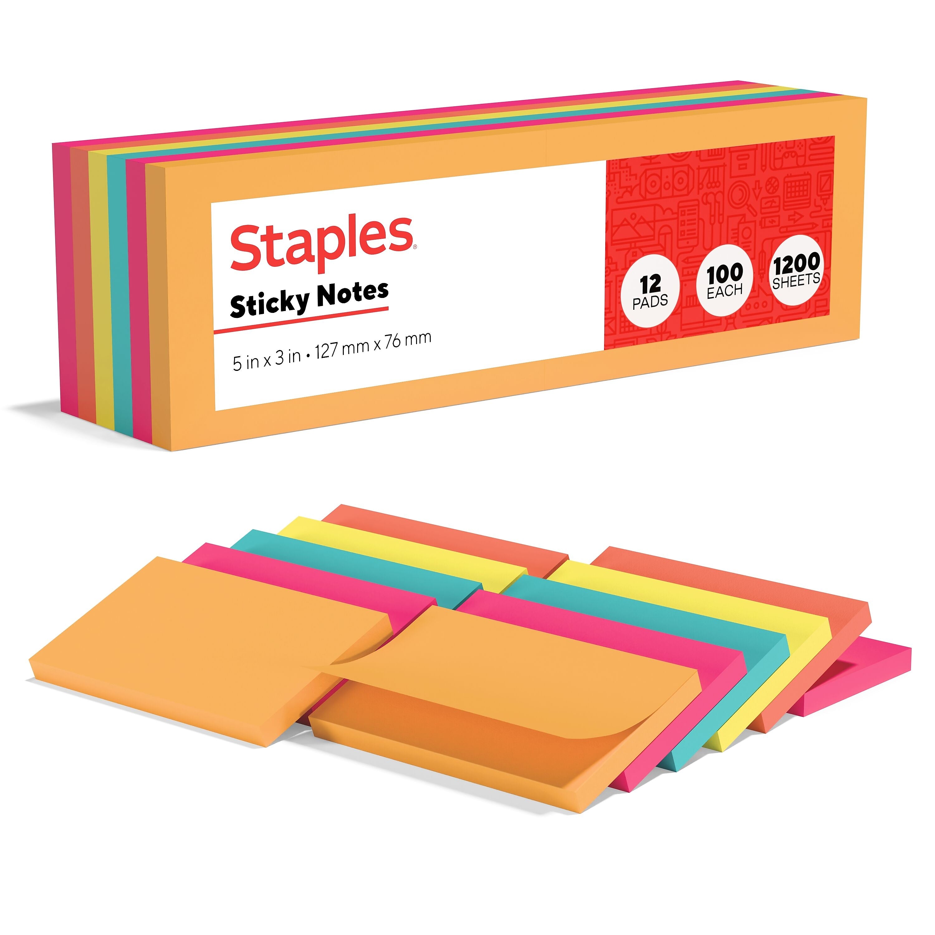 Staples Sticky Notes, 3" x 5", Pool Party Collection, 100 Sheets/Pad, 12 Pads/Pack (S-35BR12)
