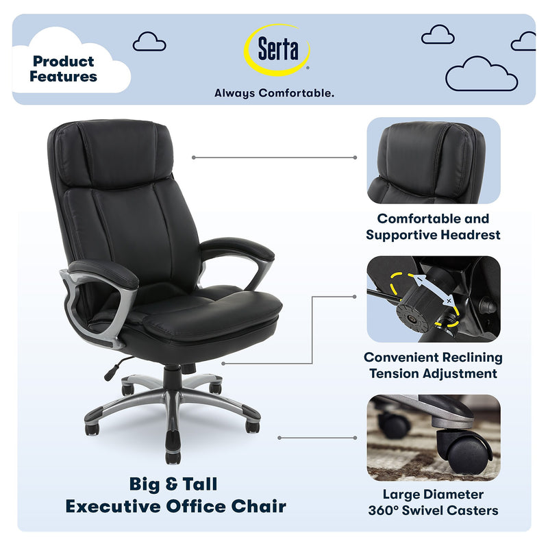 Serta Fairbanks Ergonomic Bonded Leather Executive Big & Tall Chair, 350 lb. Capacity, Black (43675OSS)