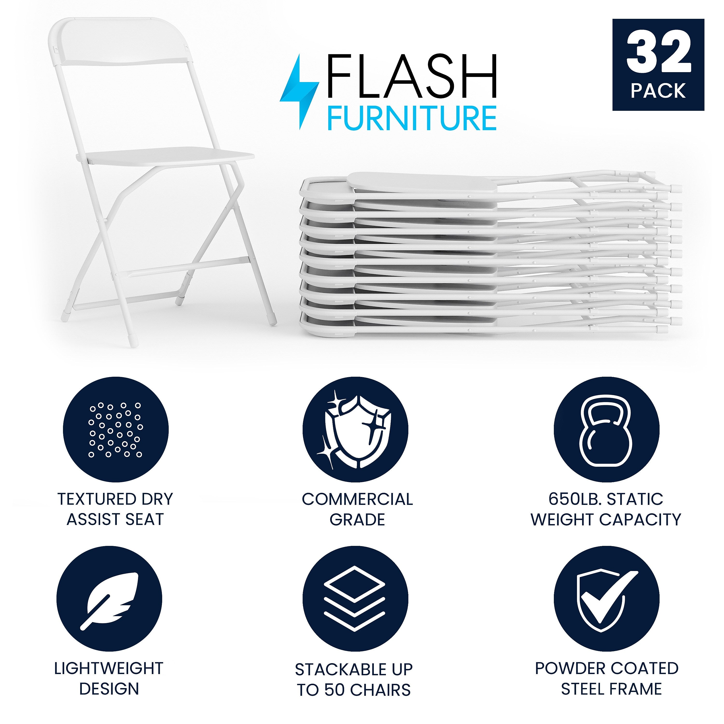 Flash Furniture HERCULES™ Plastic Armless Folding Chair, Premium White, 32/Pack