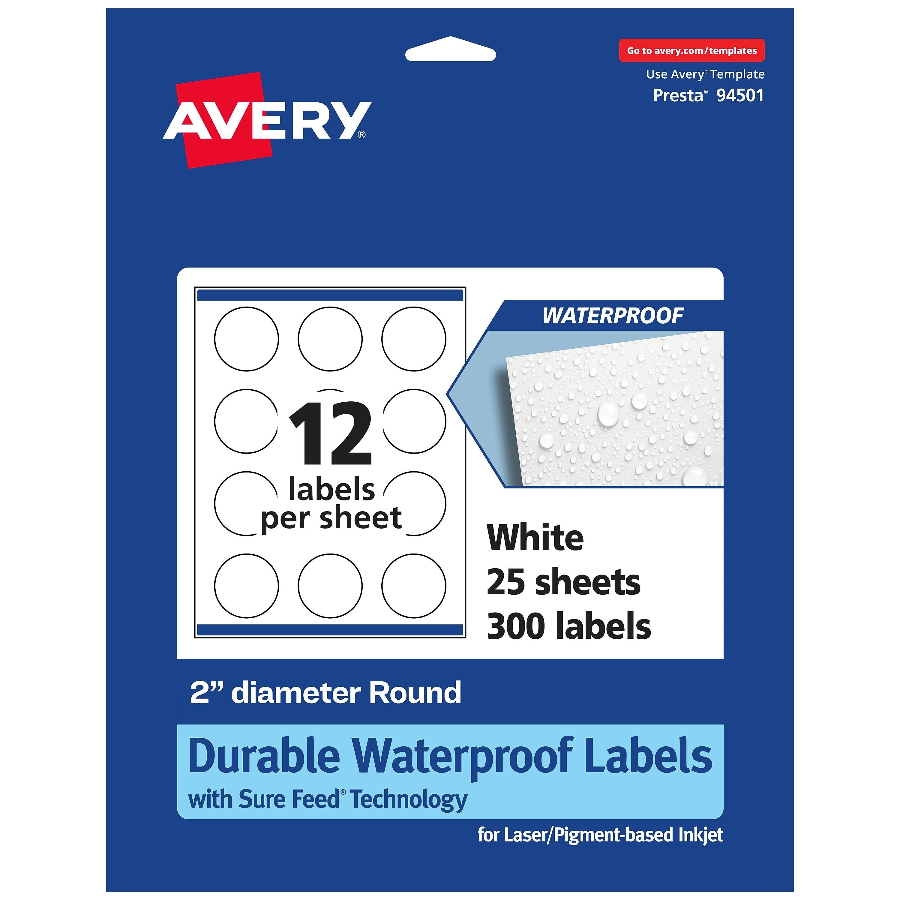 Avery Laser/Inkjet Round Multipurpose Labels, 2" Dia., White, 300 Labels/Pack (94501)