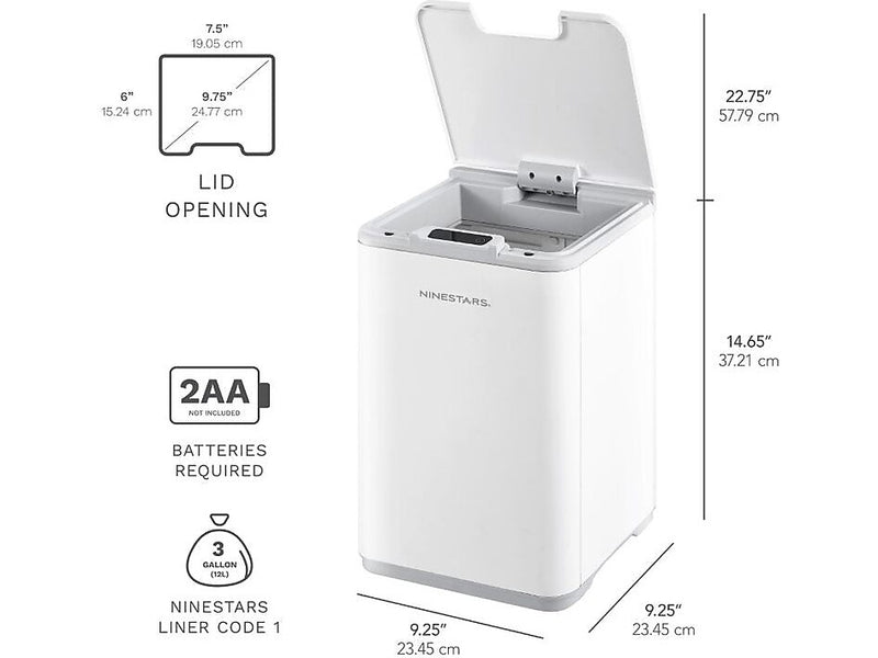 Nine Stars Plastic Sensor Trash Can, 2.6-Gallon, White (DZT-10-35)