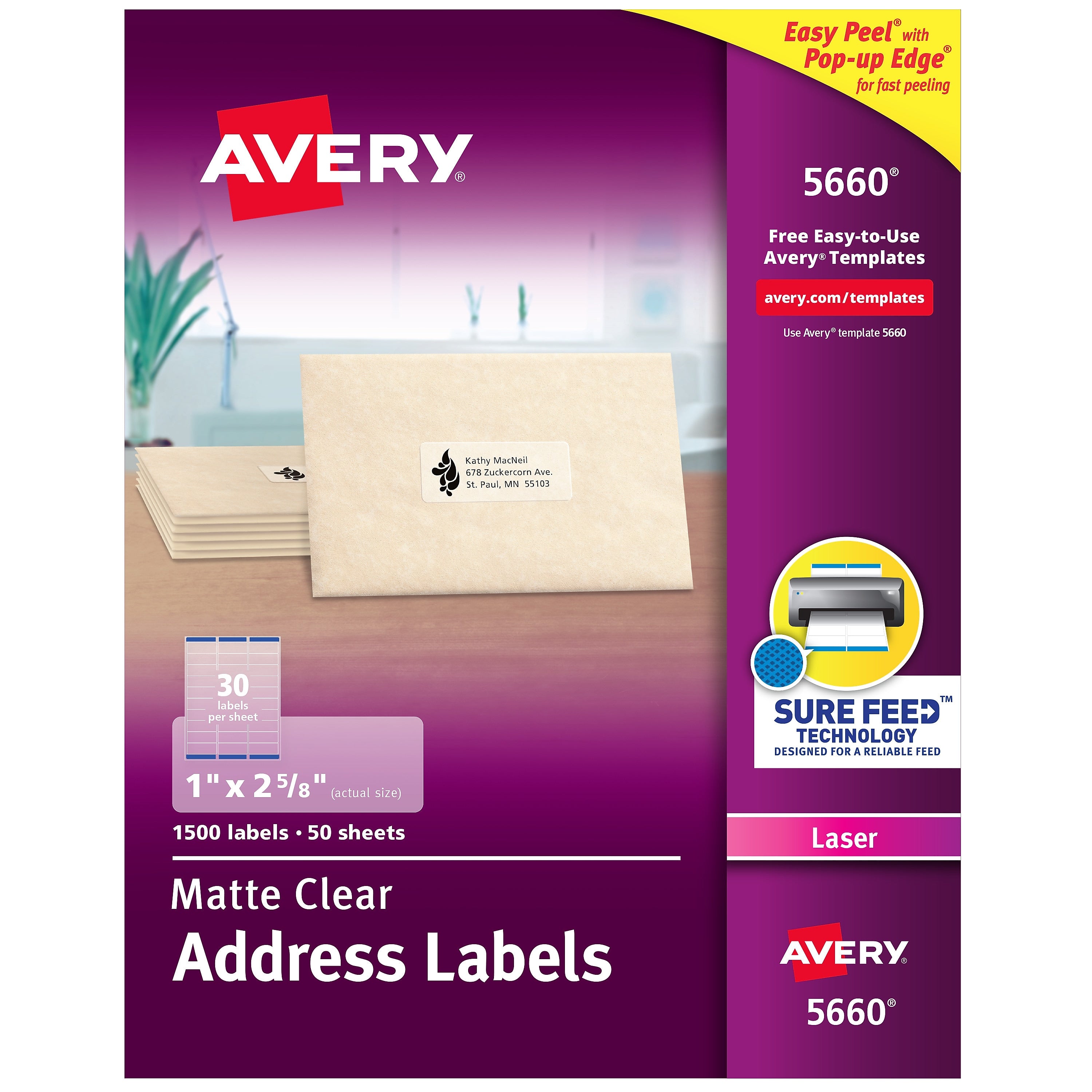 Avery Easy Peel Laser Address Labels, 1" x 2-5/8", Clear, 1,500 Labels/Box (5660)