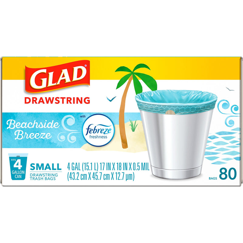Glad 4 Gallon Drawstring Kitchen Trash Bags, Febreze Freshness Beachside Breeze Scent, Blue, 80/Box (79155)