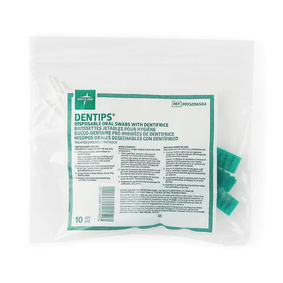 Medline Dentips Oral Swabsticks, Green, Treated, 10/Pack (MDS096504H)