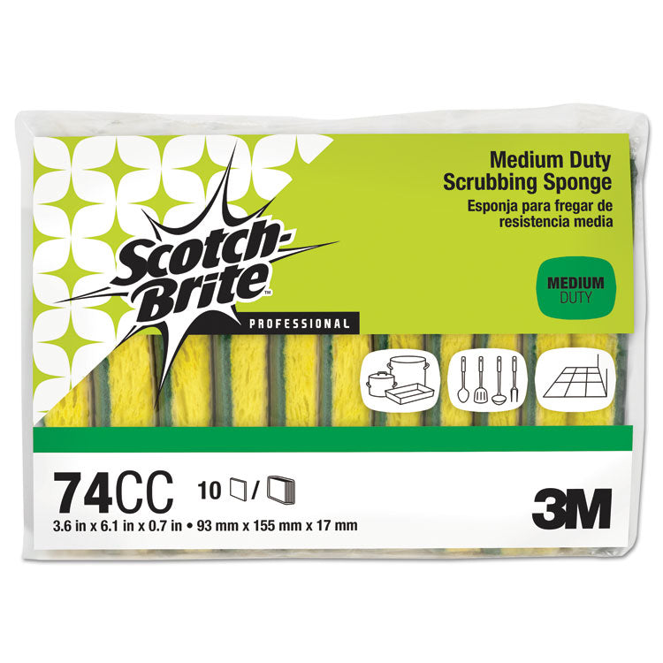 Medium-Duty Scrubbing Sponge, 3.6 X 6.1, 0.7" Thick, Yellow/green, 10/pack