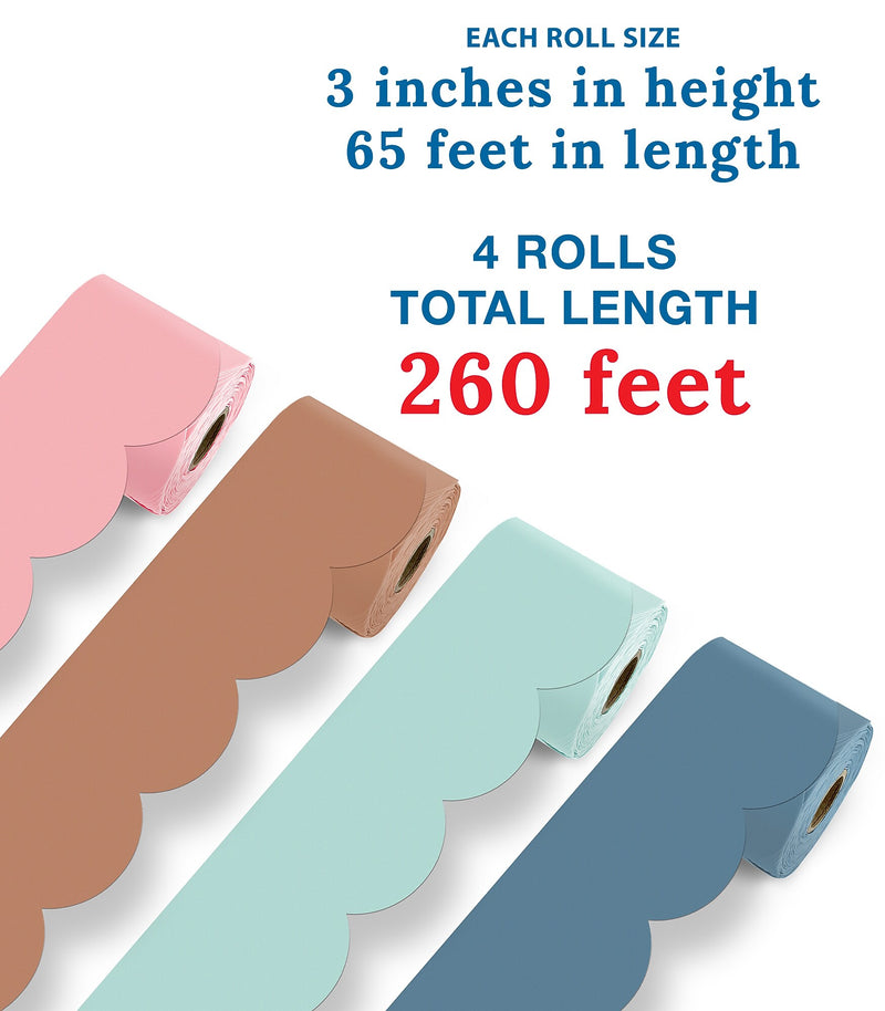 Carson Dellosa Rolled Scalloped Borders, 3" x 65', Modern Boho, 4/Pack (145414)