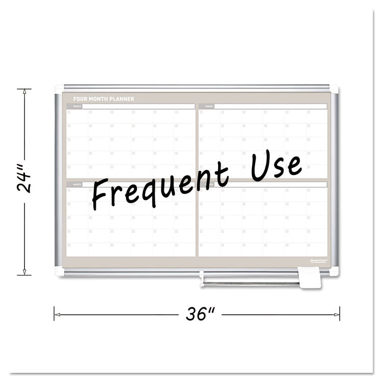 Magnetic Dry Erase Calendar Board, Four-Month Planning/Scheduling, 36" x 24", White Surface, Satin Aluminum Frame