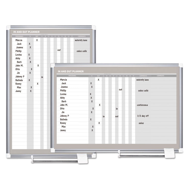 In-Out Magnetic Dry Erase Board, 30-Person Tracking, 24" x 36", White Surface, Satin Aluminum Frame