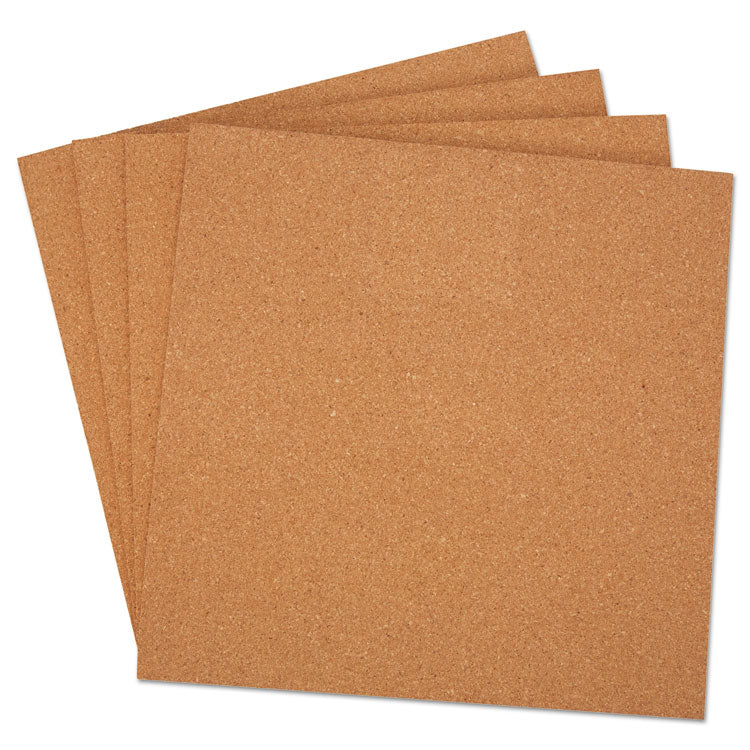 Cork Tile Panels, Classic Synthetic Cork Surface, 12" x 0.38" x 12", Brown, 4/Pack