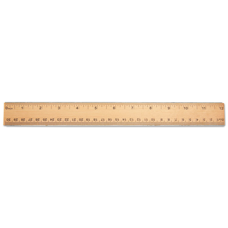 Flat Wood Ruler W/double Metal Edge, Standard, 12" Long, Clear Lacquer Finish