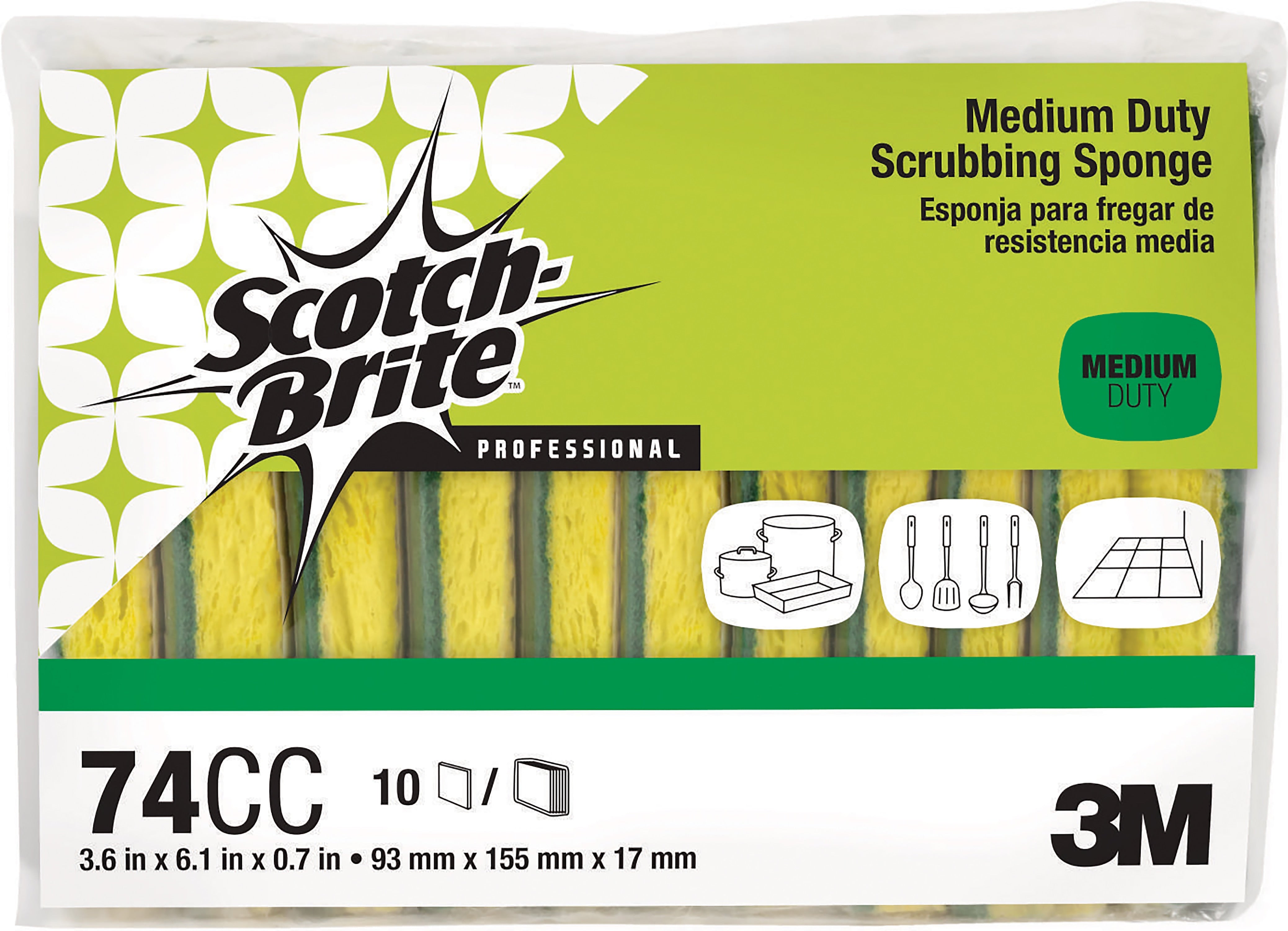 Scotch-Brite Scrubbing Sponges, Green/Yellow, 10 Sponges/Pack (74CC)
