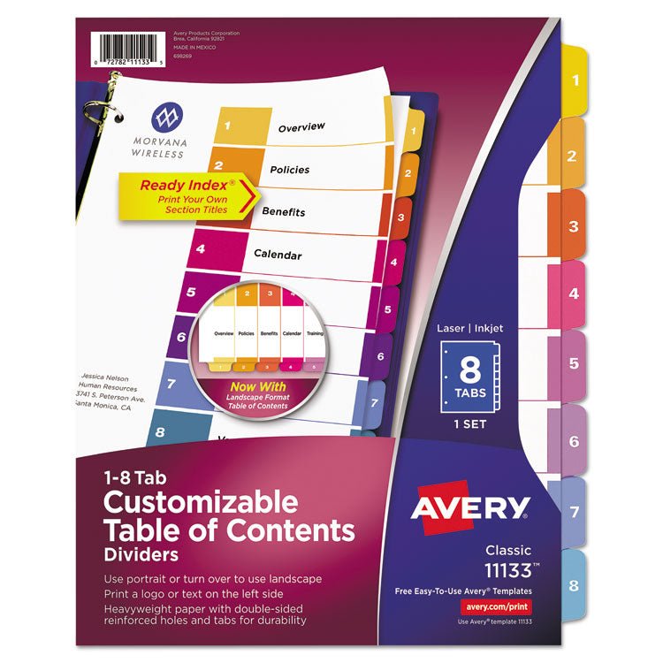 Customizable TOC Ready Index Multicolor Tab Dividers, 8-Tab, 1 to 8, 11 x 8.5, White, Traditional Color Tabs, 1 Set