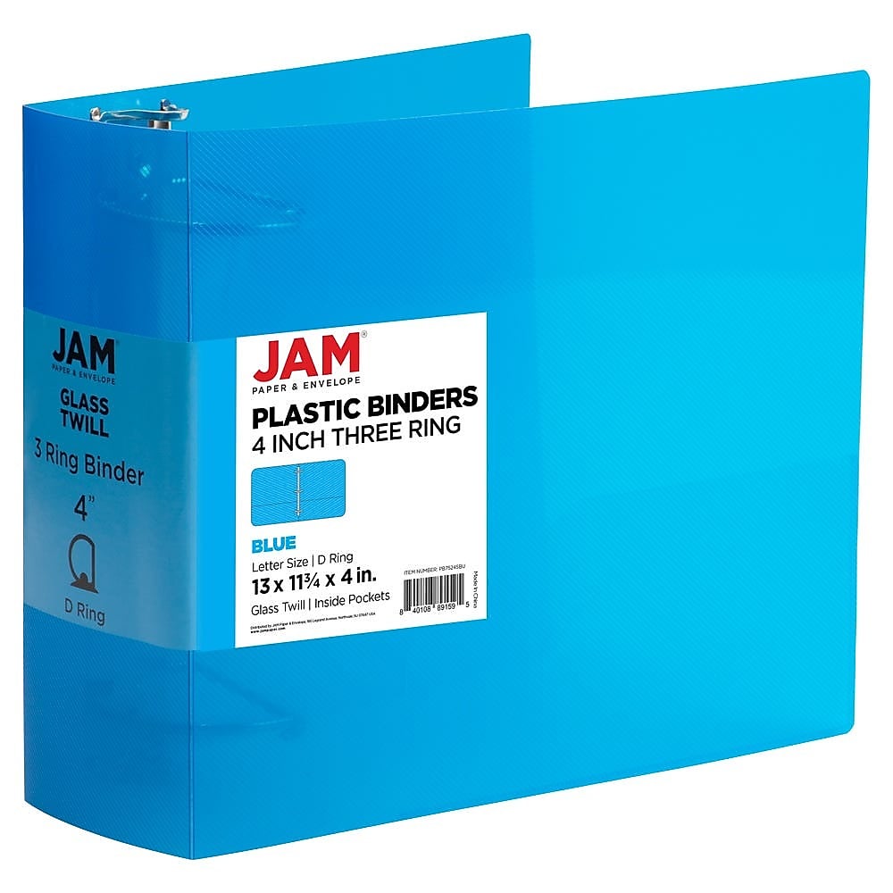 JAM Paper 4" 3-Ring Flexible Poly Binder, Blue (PB75245BU)
