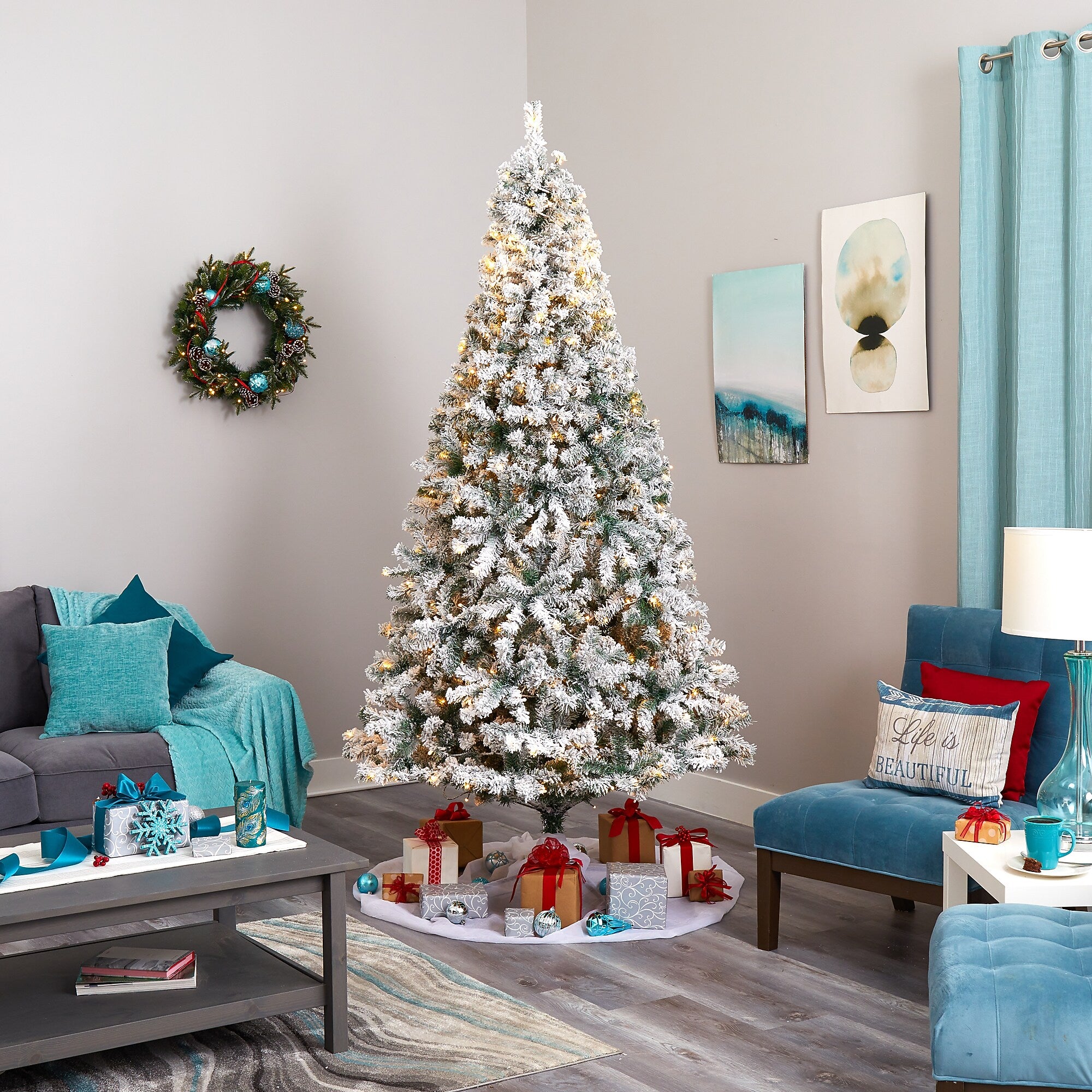 Nearly Natural 8-ft Flocked Rock Springs Spruce Artificial Christmas Tree with 500 Clear LED Lights (T1754)