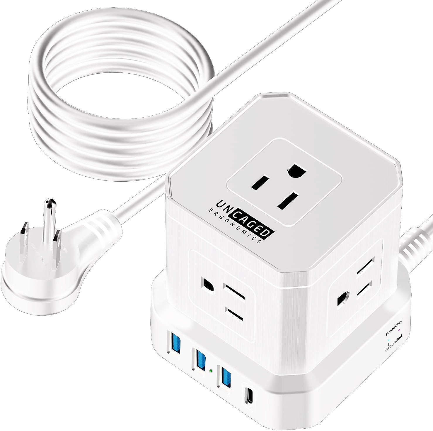 Uncaged Ergonomics Cube 5-Outlet 4-USB Port Surge Protector, 10', White (PC-w-c)