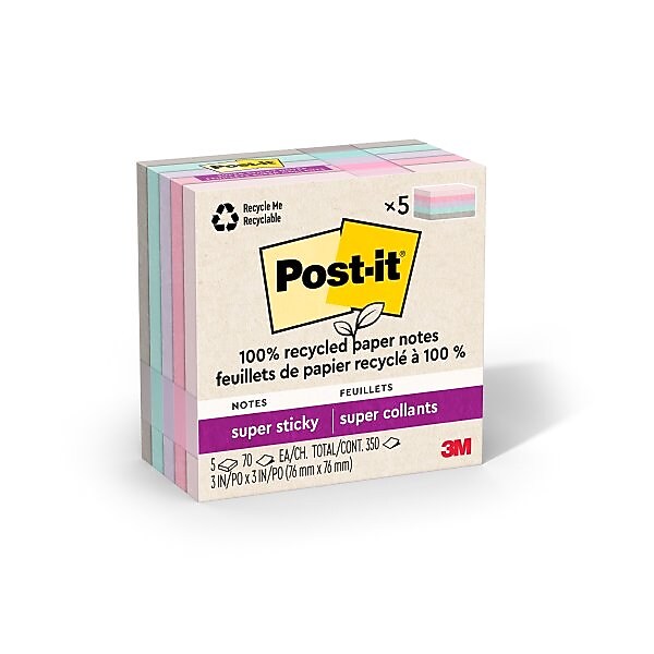 Post-it Recycled Super Sticky Notes, 3" x 3", Wanderlust Pastels Collection, 70 Sheets/Pad, 5 Pads/Pack (654R-5SSNRP)