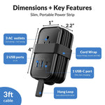 Uncaged Ergonomics 3-Outlet 3-USB Port Power Strip, 3', Black (TC-b)