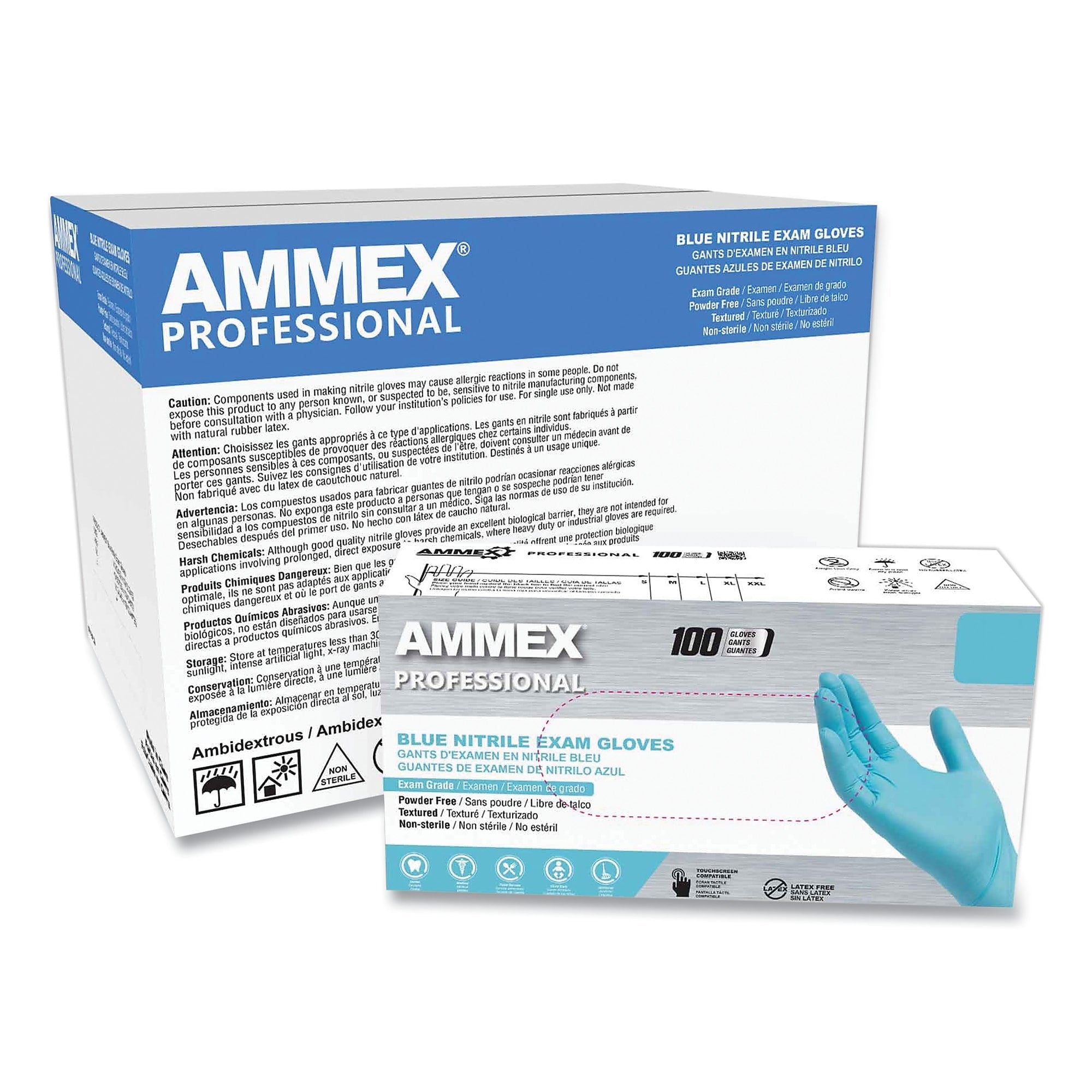 AMMEX Professional Nitrile Exam Gloves, Powder-Free, 3 mil, Large, Light Blue, 100/Box, 10 Boxes/Carton