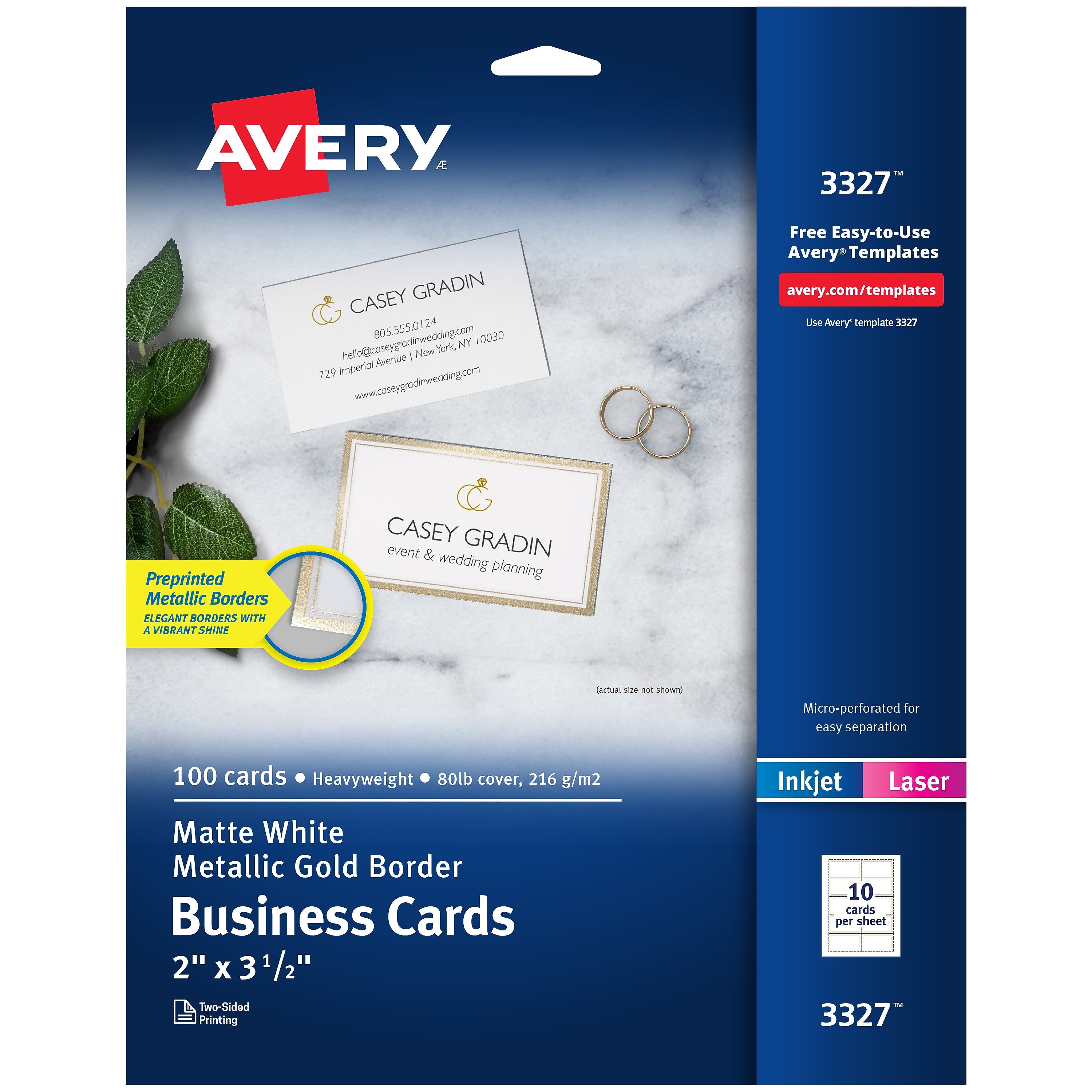 Avery Business Cards, 2" x 3 1/2", White/Gold, 10 Cards/Sheet, 10 Sheets/Pack, 100 Cards/Pack (3327)