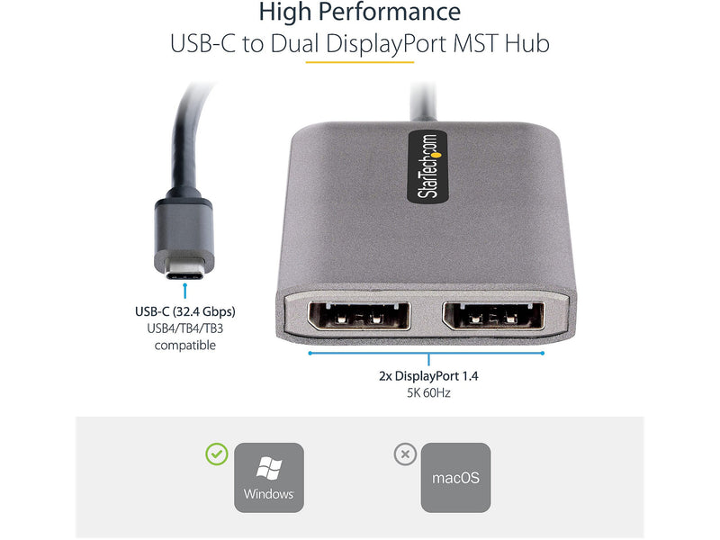 StarTech USB-C to Dual DisplayPort 1.4 Video Adapter, Male to Female, Gray (MST14CD122DP)