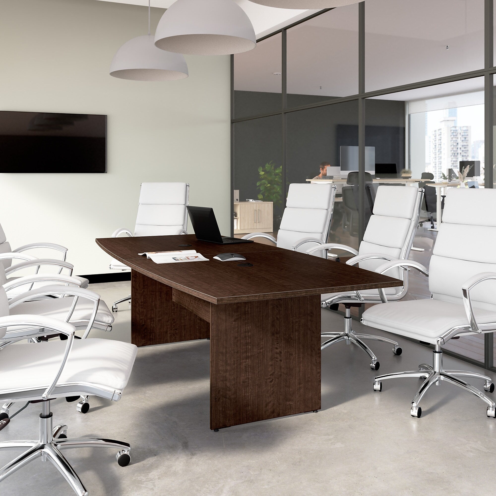 Bush Business Furniture 96W x 42D Boat Shaped Conference Table with Wood Base, Mocha Cherry (99TB9642MRK)