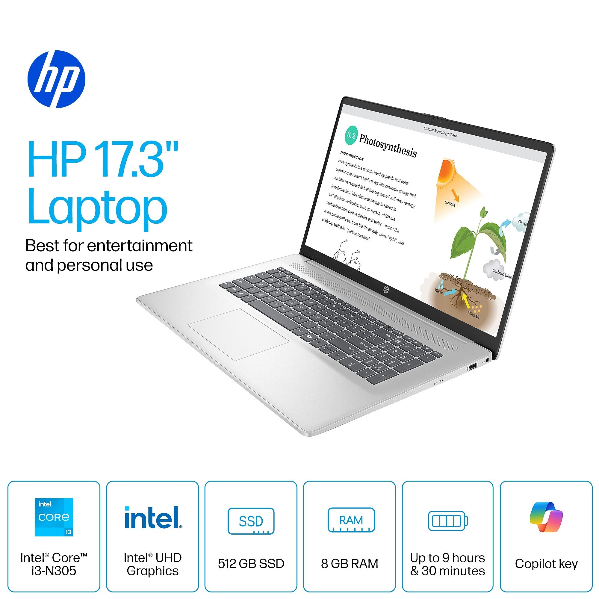 HP 17.3" FHD Laptop, Intel Core i3-N305, 8GB RAM, 512GB SSD, +9.5 hours battery, Windows 11 Home