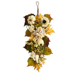 Nearly Natural 33" Fall Sunflower, Hydrangea and White Pumpkin Artificial Autumn Teardrop (W1241)