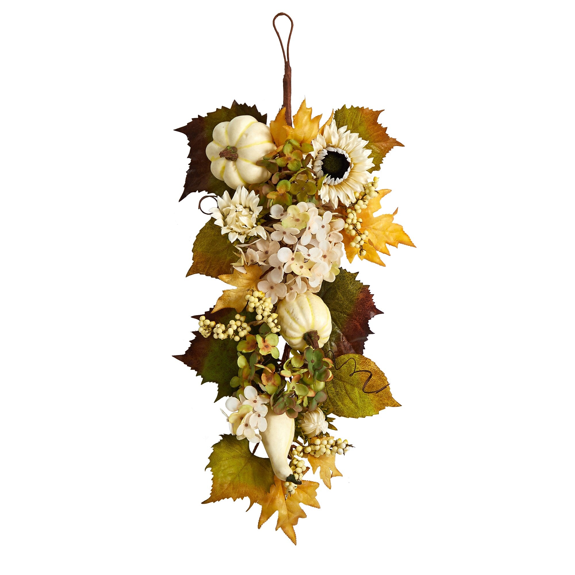 Nearly Natural 33" Fall Sunflower, Hydrangea and White Pumpkin Artificial Autumn Teardrop (W1241)