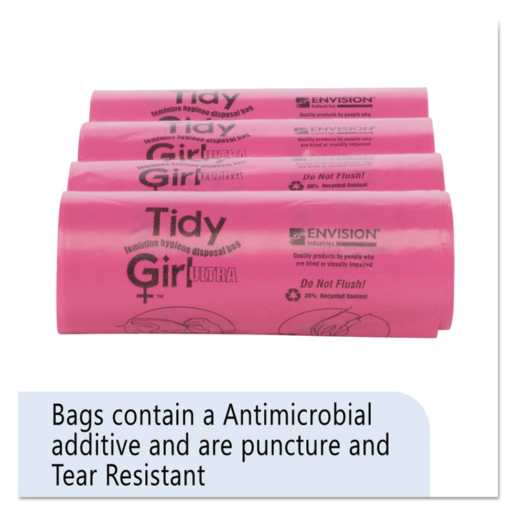 Feminine Hygiene Sanitary Disposal Bags, 4" x 4" x 10", Pink/Black, 150 Bags/Roll, 4 Rolls/Carton
