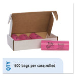 Feminine Hygiene Sanitary Disposal Bags, 4" x 4" x 10", Pink/Black, 150 Bags/Roll, 4 Rolls/Carton