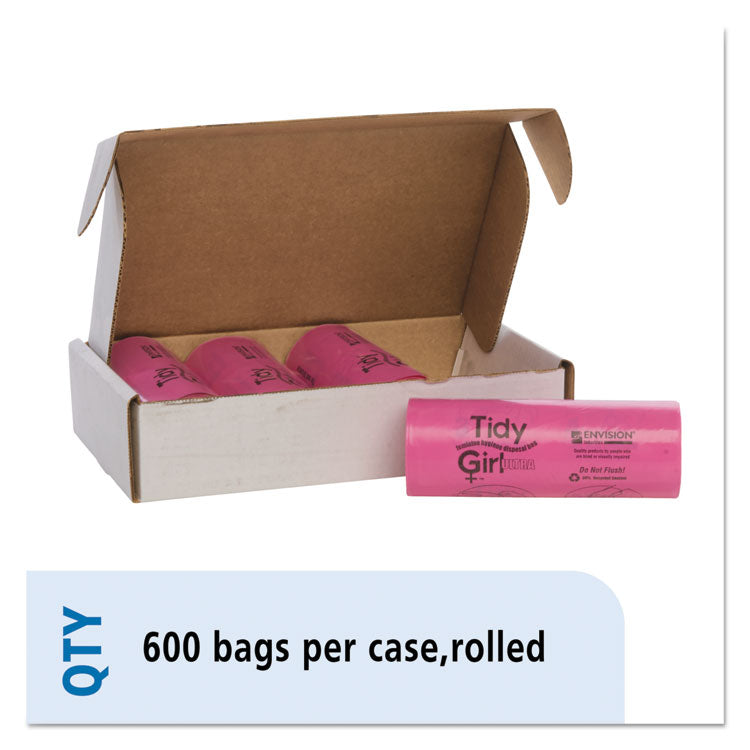 Feminine Hygiene Sanitary Disposal Bags, 4" x 4" x 10", Pink/Black, 150 Bags/Roll, 4 Rolls/Carton