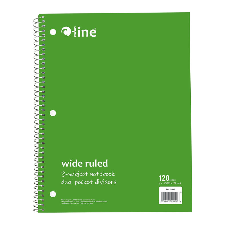 C-Line 3-Subject Notebooks, Wide Ruled, 120 Sheets, Assorted Colors, 3/Bundle (CLI22046-3)