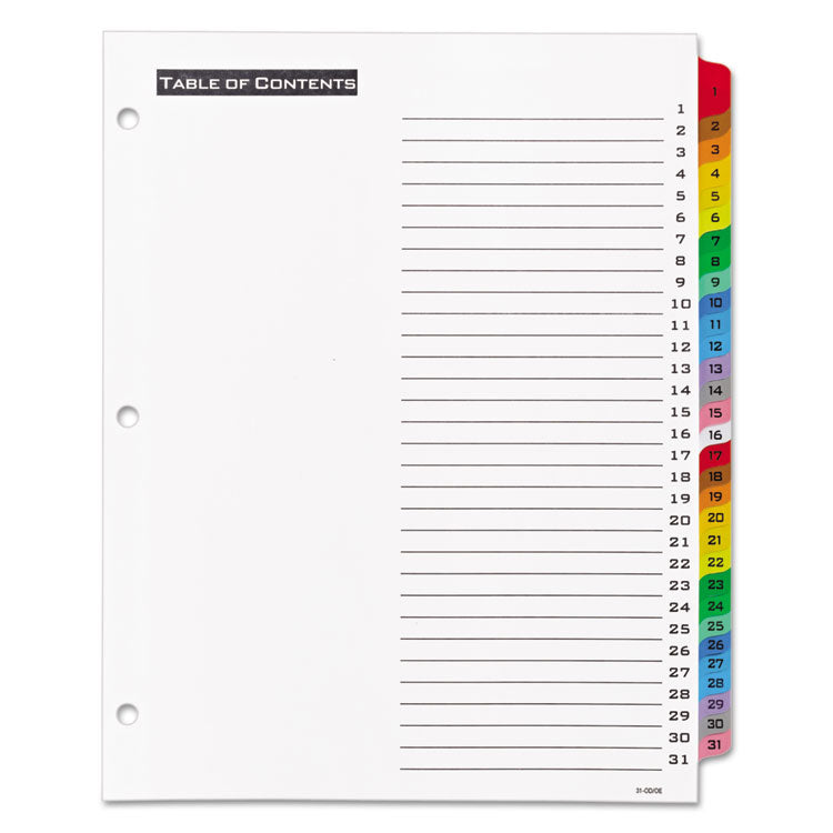 Table 'n Tabs Dividers, 31-Tab, 1 to 31, 11 x 8.5, White, Assorted Tabs, 1 Set