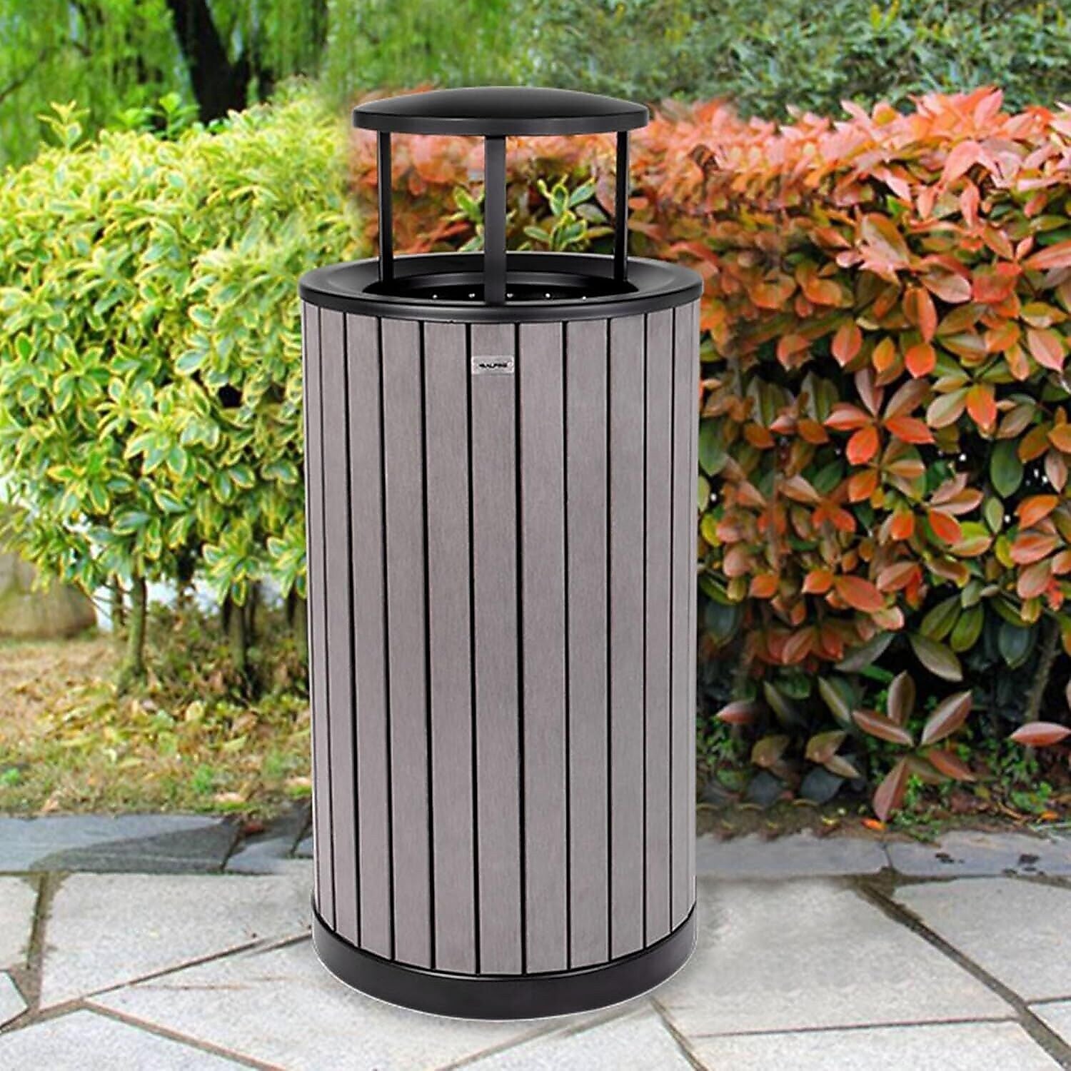 Alpine Industries Steel Outdoor Trash Can with Rain Bonnet Lid, 32 Gallon, Gray (ALP4400-01-GRY-RB)