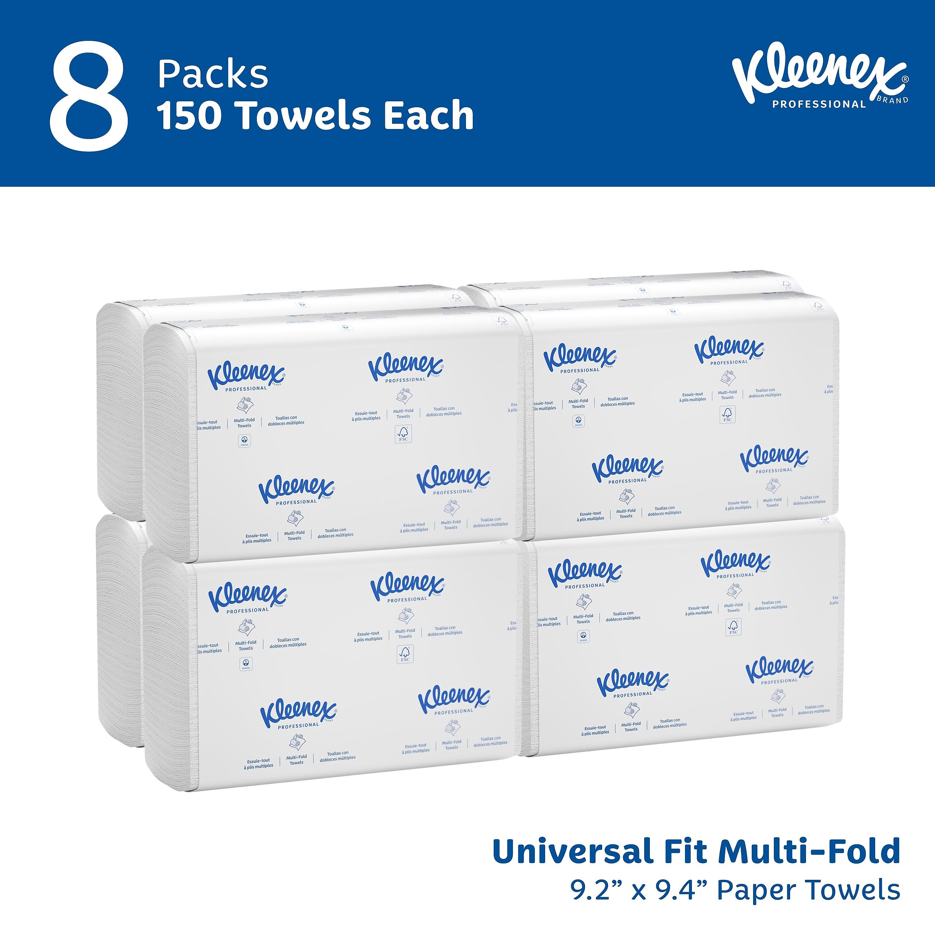 Kleenex Recycled Multifold Paper Towels, 1-ply, 150 Sheets/Pack, 8 Packs/Carton (02046)