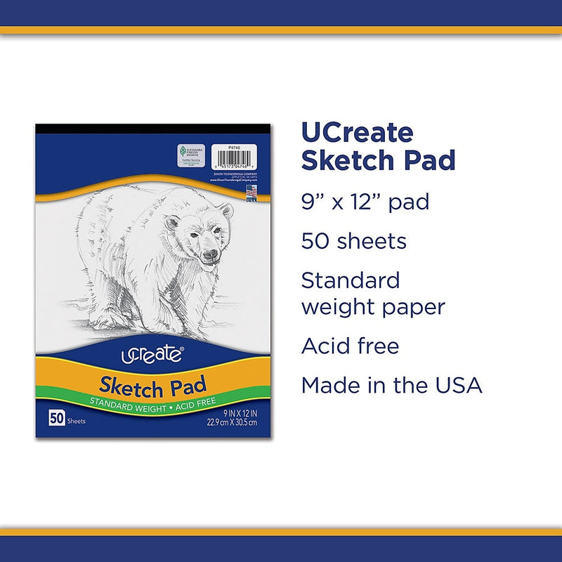 Pacon UCreate 9" x 12" Tape Bound Sketch Pad, 50 Sheets/Pad (4746)